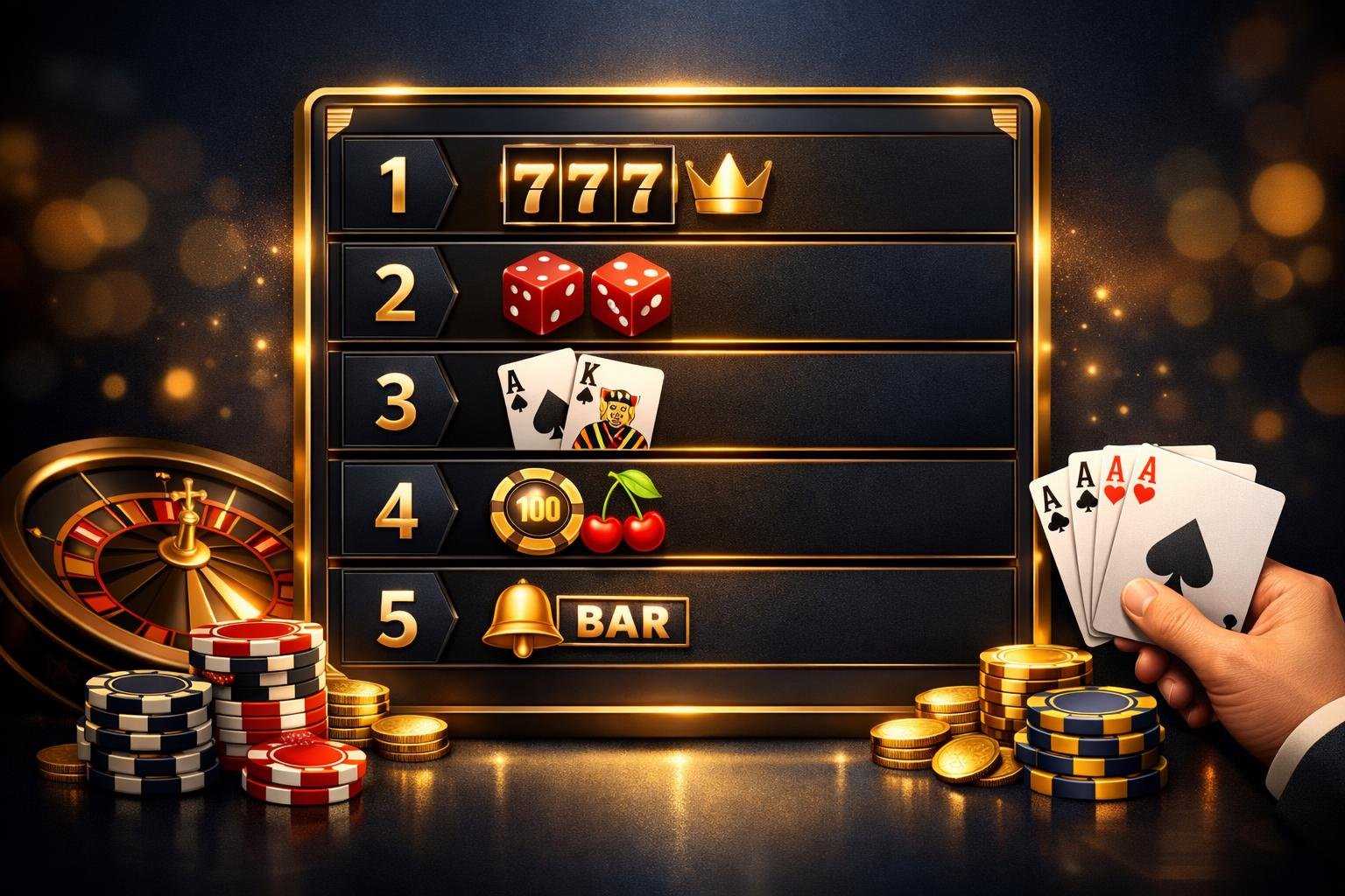 A Digital Leaderboard Showing The Top Five Ranked Casino Icons With Poker Chips, Playing Cards, Dice, And A Roulette Wheel Around It.