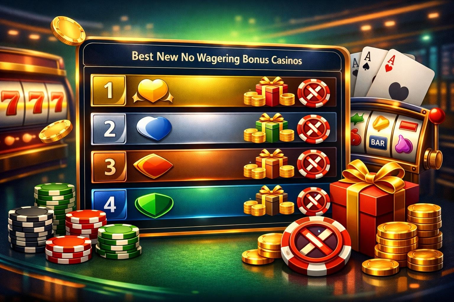 A Digital Interface Showing A Top List Of Casino Bonuses With Casino Logos, Coins, Chips, Playing Cards, And Slot Machine Reels Highlighting Rewards And No Wagering Bonuses.