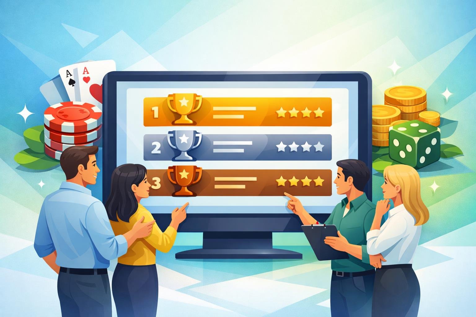 A Group Of People Reviewing A Digital Leaderboard With Casino Icons On A Modern Device, Symbolizing Evaluation Of Top Casino Bonuses.
