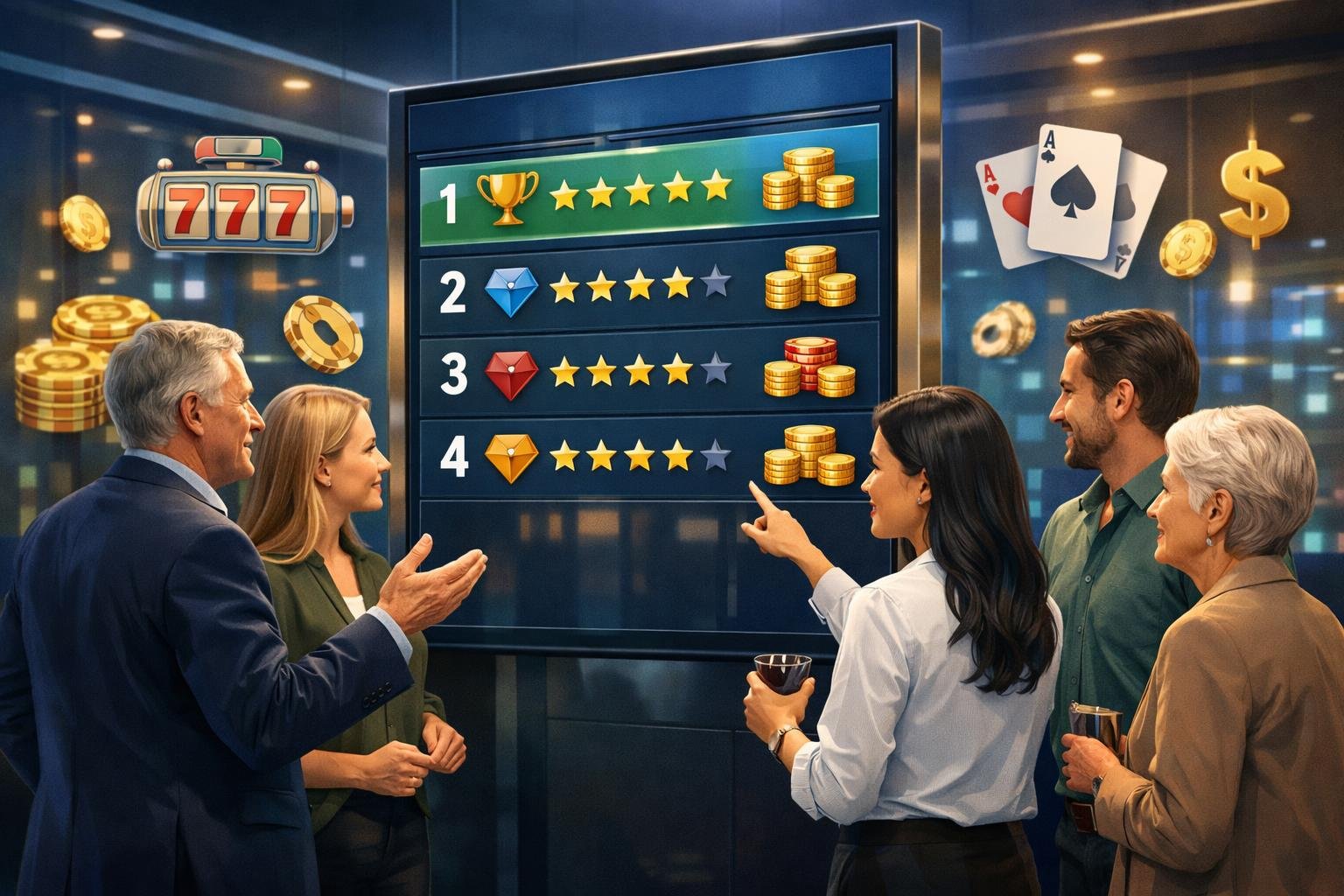 A Group Of Diverse People Gathered Around A Digital Leaderboard Displaying Ranked Casino Options In A Modern Setting With CasinoRelated Icons In The Background.