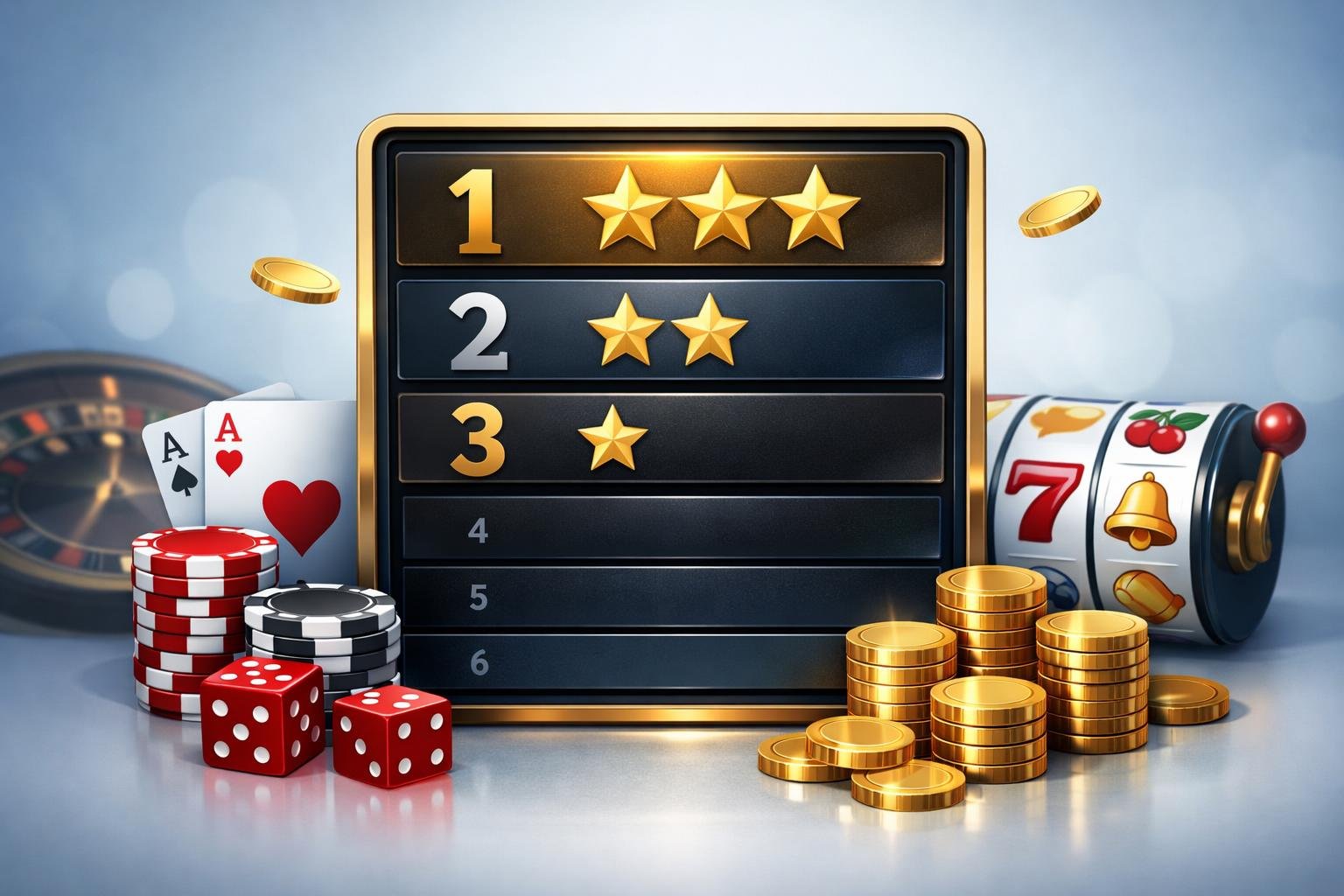 A Digital Leaderboard Showing Top Ranked Casinos Surrounded By Poker Chips, Playing Cards, Slot Machine Icons, And Coins.