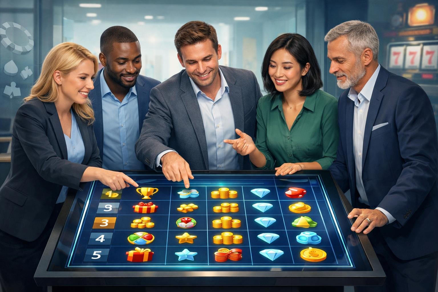 A Group Of Diverse Adults Discussing And Analyzing A Digital Casino Leaderboard In A Modern Office With CasinoThemed Elements In The Background.