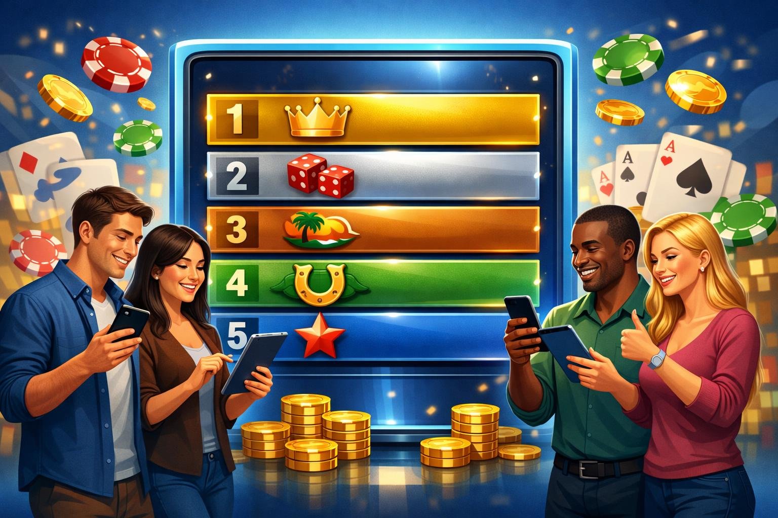 People Using Digital Devices To Explore A Ranked List Of Top Casinos, With CasinoRelated Icons Like Chips And Cards In The Background.