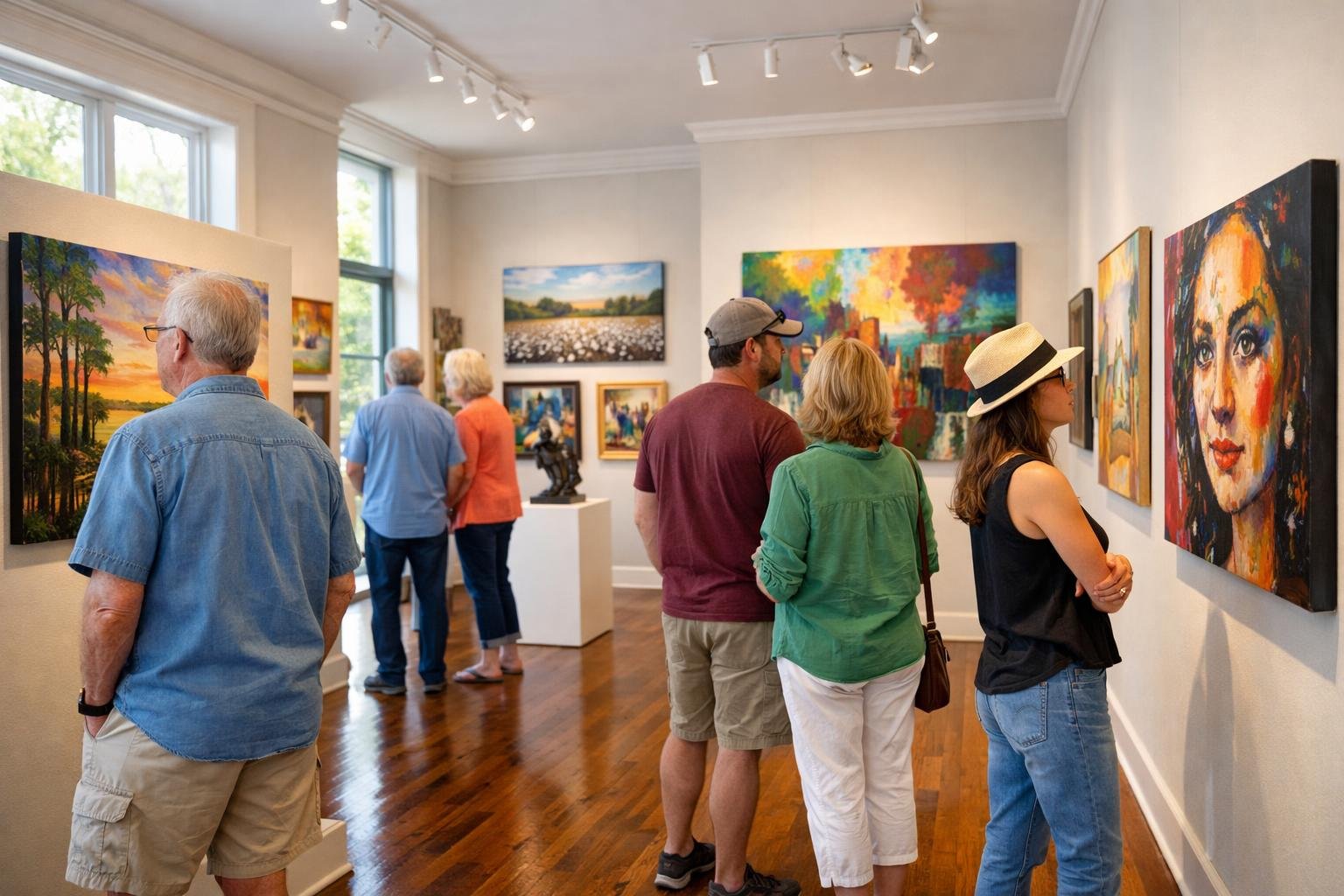 Visitors looking at colorful paintings inside a local art gallery with natural light and wooden floors.