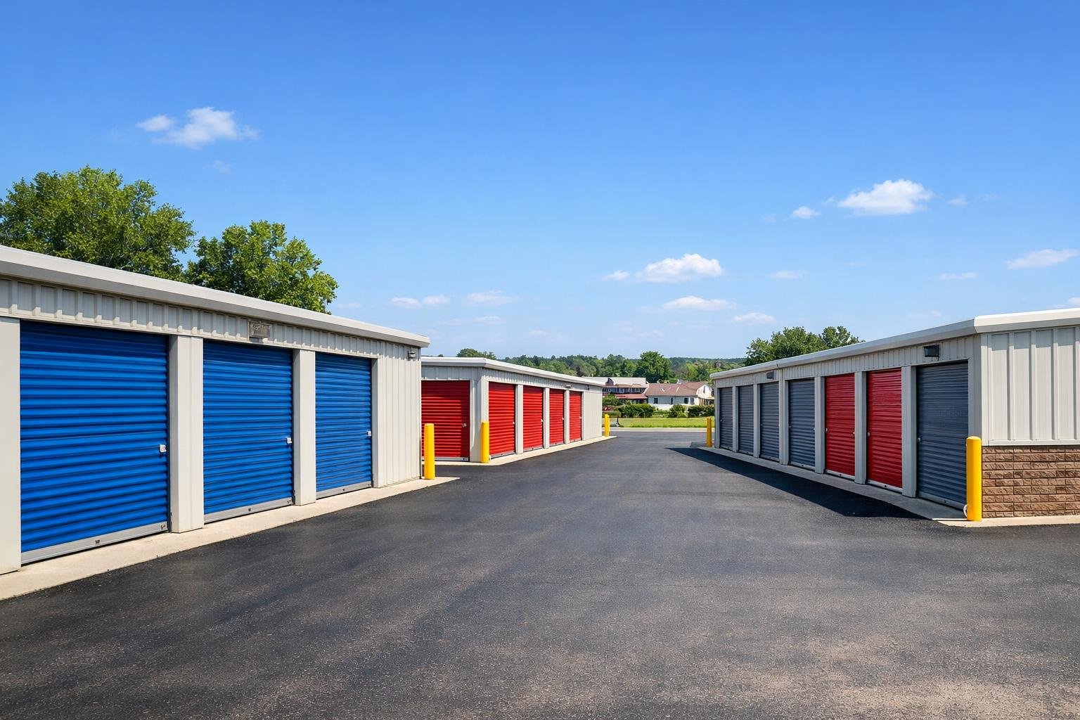 Exterior view of a clean, modern storage unit facility with colorful roll-up doors and a clear blue sky in a small town setting.