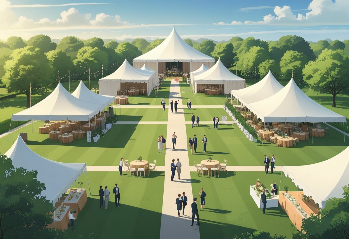 Outdoor event with multiple tents arranged in an organized layout, guests walking and socializing in a park setting with tables and pathways.