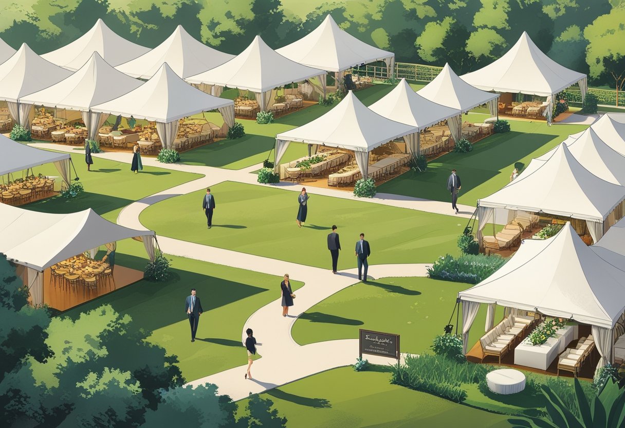 Outdoor event with multiple tents arranged in an open field, showing guests walking and sitting comfortably inside tents.