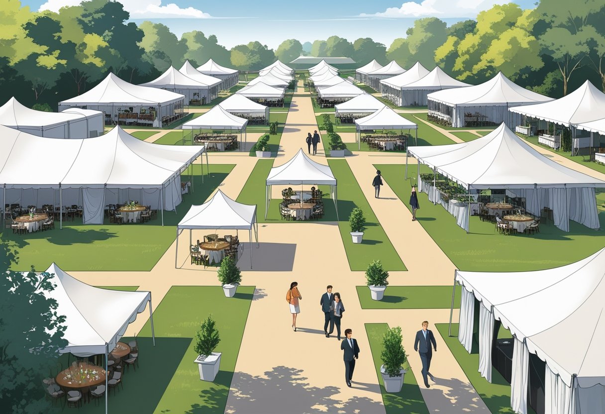 An outdoor event with multiple tents arranged to allow guests to walk and interact comfortably among dining and entertainment areas.