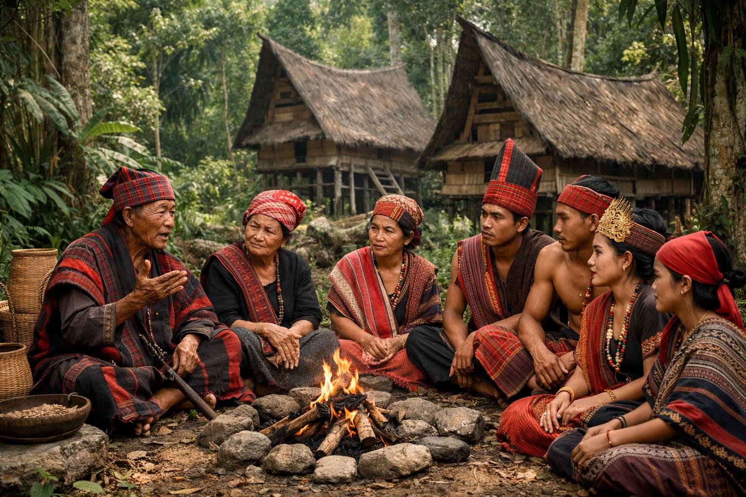 Sekelompok orang suku Karo mengenakan pakaian adat sedang berkumpul di hutan tropis dengan rumah tradisional di latar belakang.