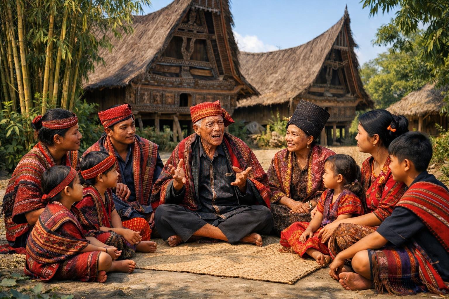 Sekelompok orang suku Karo mengenakan pakaian tradisional sedang berkumpul di sebuah desa dengan rumah kayu khas, dikelilingi tanaman tropis.