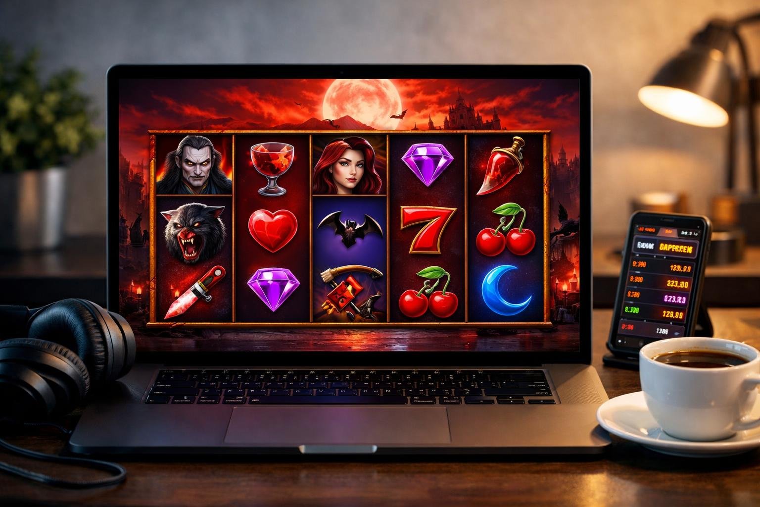 Tampilan layar komputer dengan permainan slot online Bloody Dawn, dikelilingi oleh suasana ruang kerja modern dengan perangkat gaming.