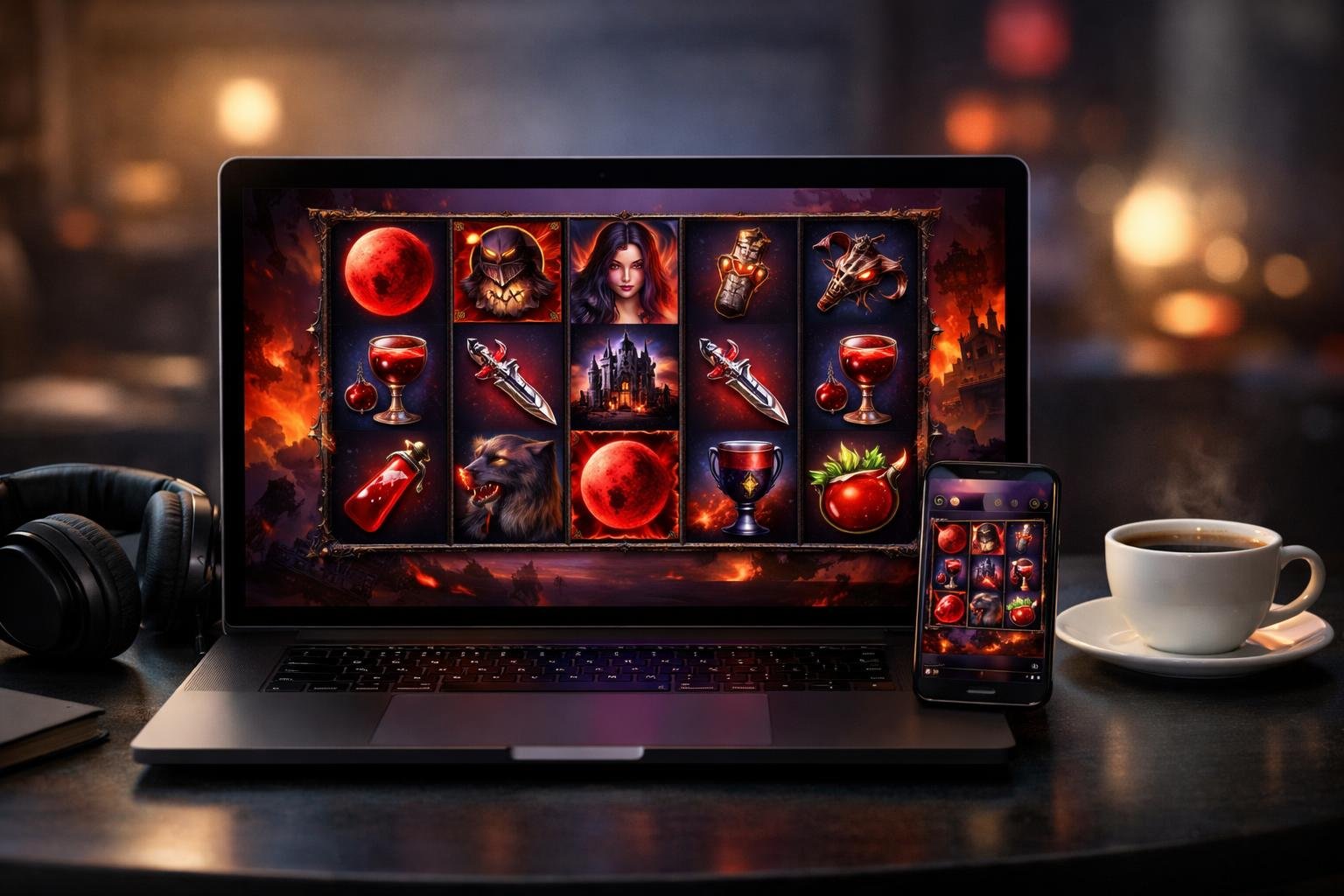 Layar komputer menampilkan permainan slot online dengan tema gelap dan simbol mistis, dikelilingi oleh aksesori gaming di atas meja modern.