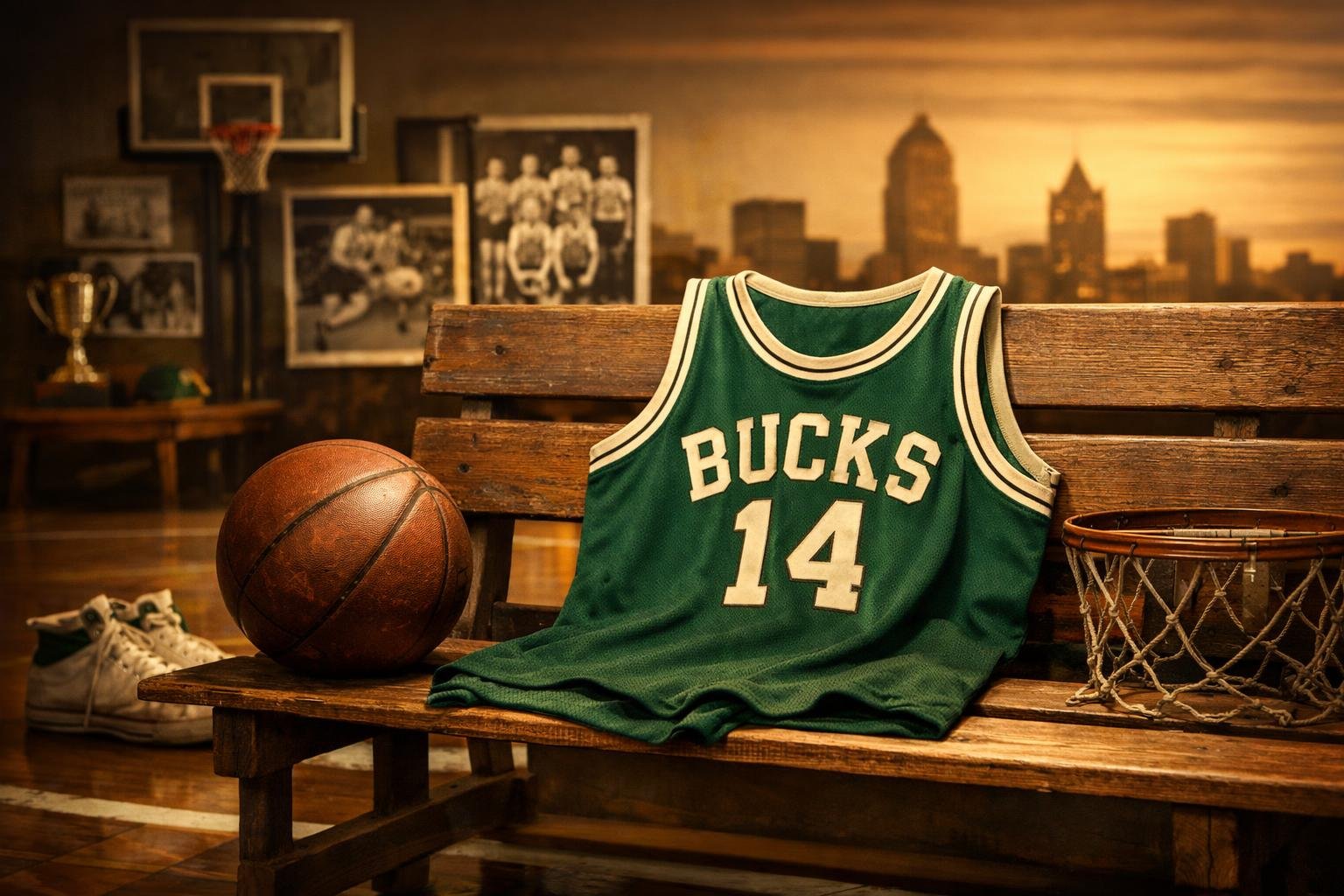 Lapangan basket dengan bola basket vintage dan jersey Milwaukee Bucks klasik di bangku kayu, latar belakang menampilkan foto dan memorabilia sejarah serta siluet kota Milwaukee.