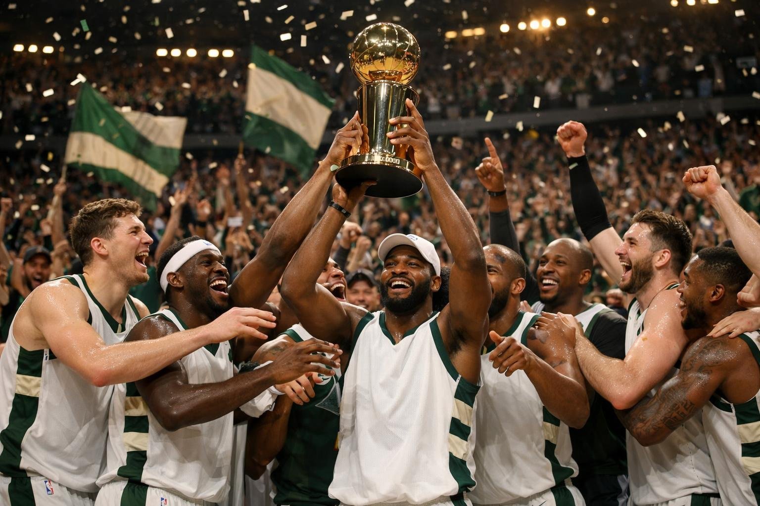 Para pemain Milwaukee Bucks merayakan kemenangan kejuaraan di lapangan basket dengan penonton yang antusias di tribun.