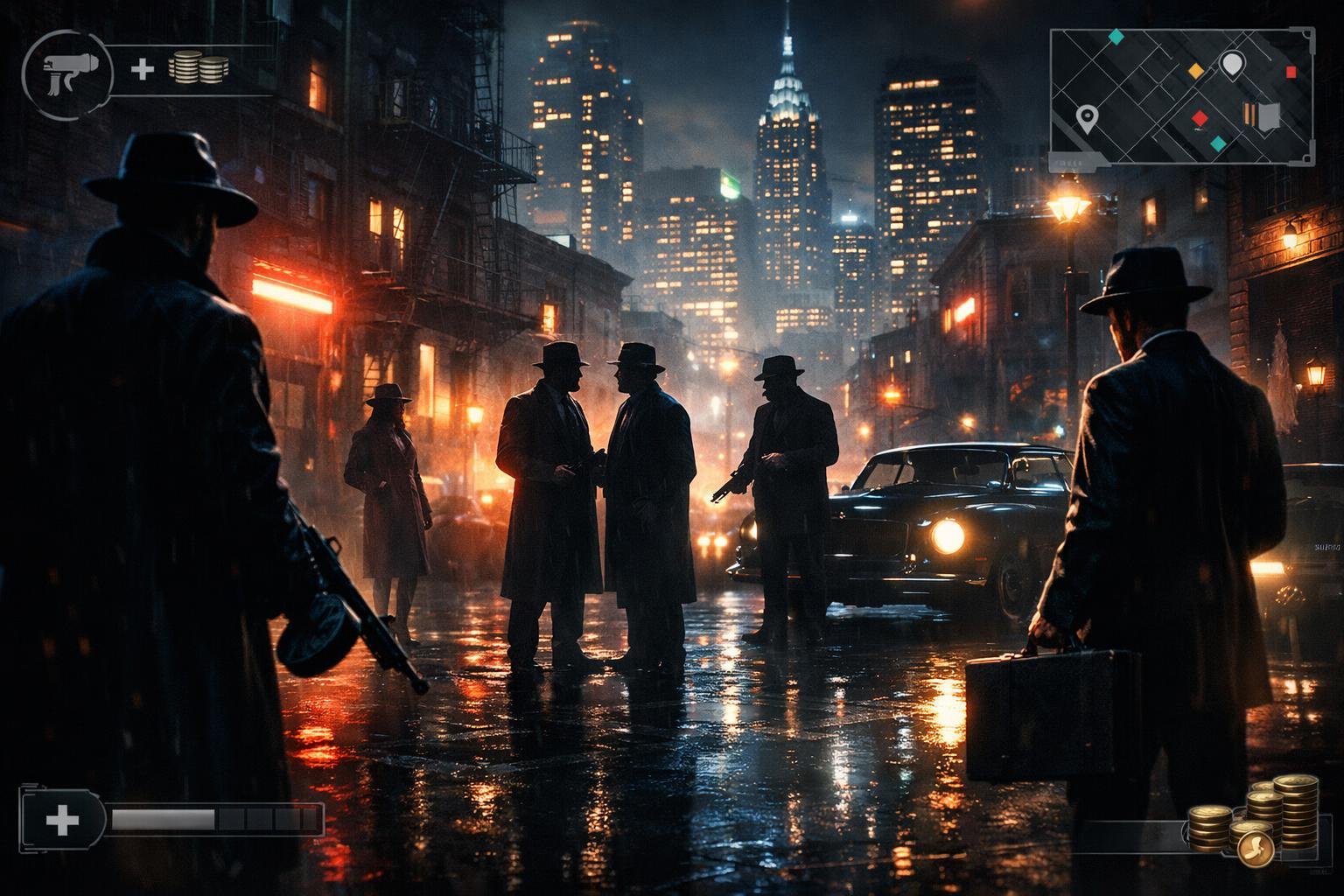 Pemandangan kota gelap di malam hari dengan karakter berpakaian rapi yang tampak seperti anggota mafia sedang berkumpul di jalan basah yang diterangi lampu neon.