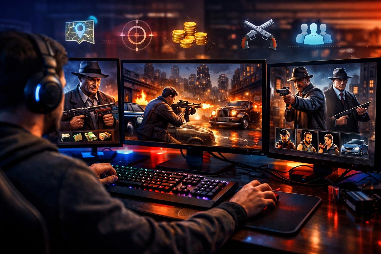 Seorang gamer fokus bermain game online bertema mafia dengan layar komputer menampilkan karakter mafia dan pemandangan kota malam hari.