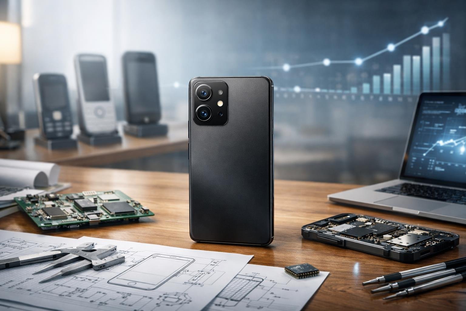 Sebuah ponsel POCO diletakkan di atas meja kerja dengan latar belakang alat teknologi dan grafik yang menunjukkan perkembangan merek.