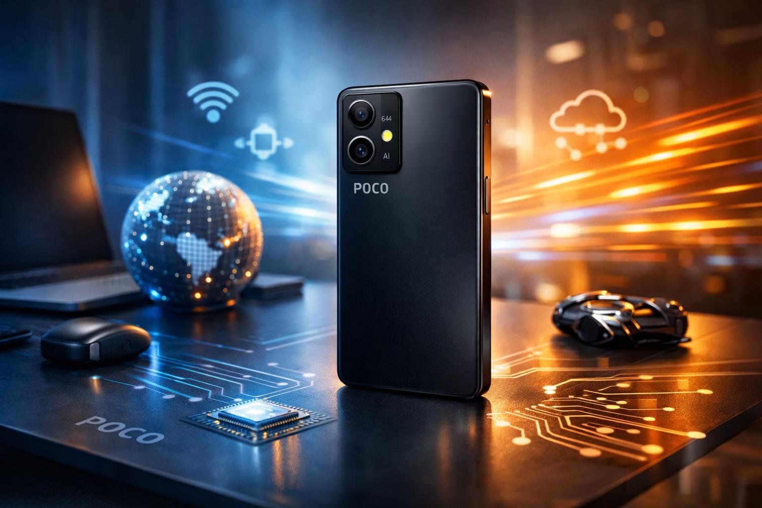 Sebuah ponsel POCO modern diletakkan di atas meja minimalis dengan latar belakang buram dan efek cahaya biru serta oranye yang menonjolkan teknologi dan inovasi.