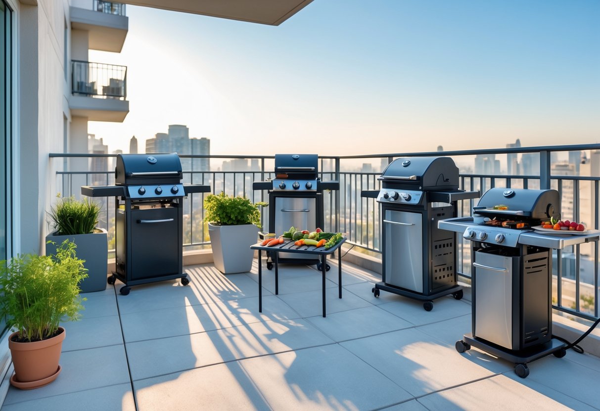 Apartment balcony with various electric grills and cooking food, overlooking a cityscape.