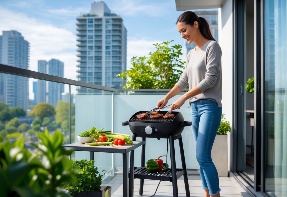 Person grilling vegetables on an electric grill on an apartment balcony overlooking a cityscape.