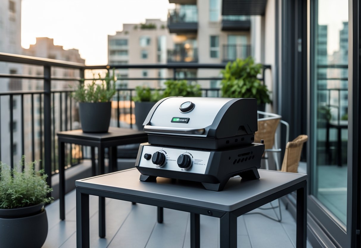 An apartment balcony with a modern electric grill on a table, potted plants, and city buildings in the background.