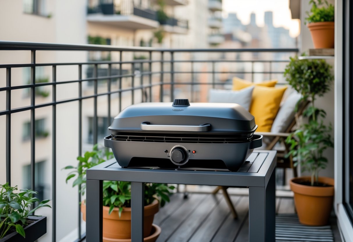 Electric grill on a small apartment balcony with plants and city buildings in the background.