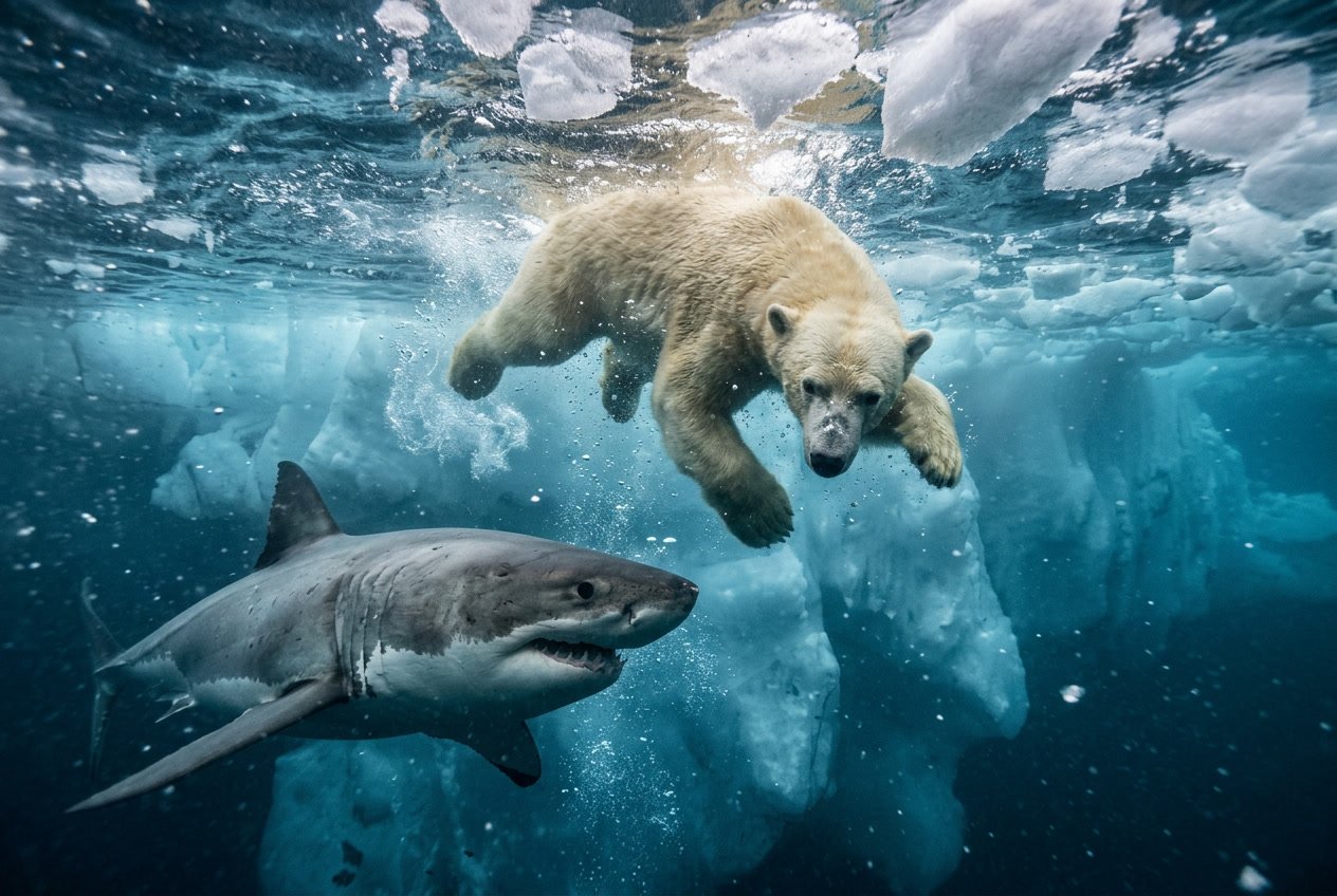 A great white shark and a polar bear face each other underwater near floating ice in the Arctic.
