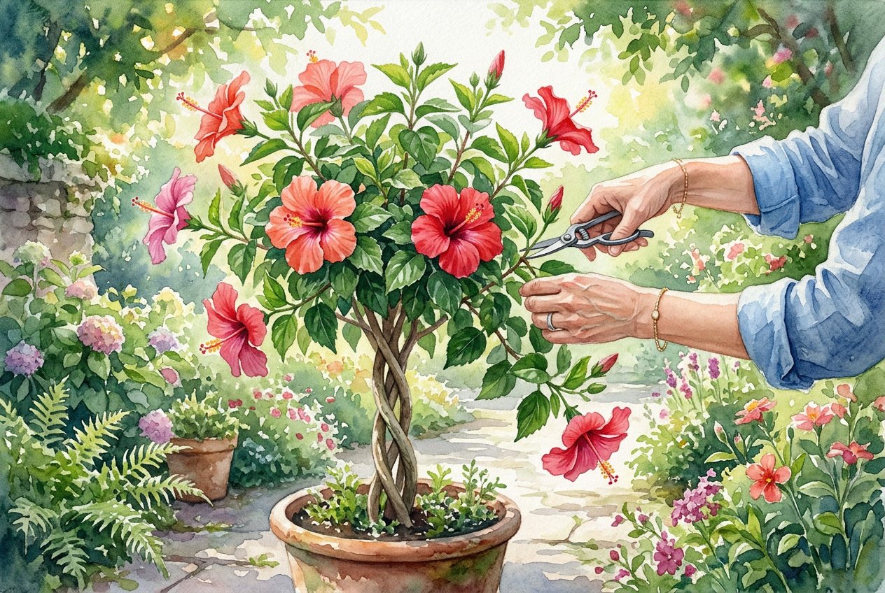 A braided hibiscus plant with bright flowers being gently pruned by a gardener's hands in a garden.