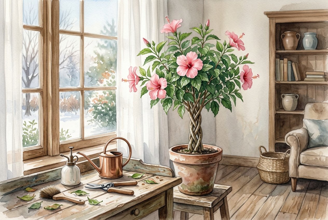 A braided hibiscus plant with pink flowers placed indoors near a bright window, surrounded by gardening tools and a cozy room setting.