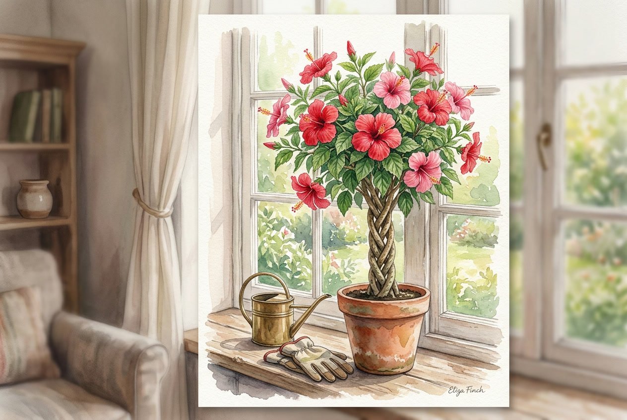 A braided hibiscus plant with red and pink flowers and green leaves placed indoors near a window with gardening tools nearby.