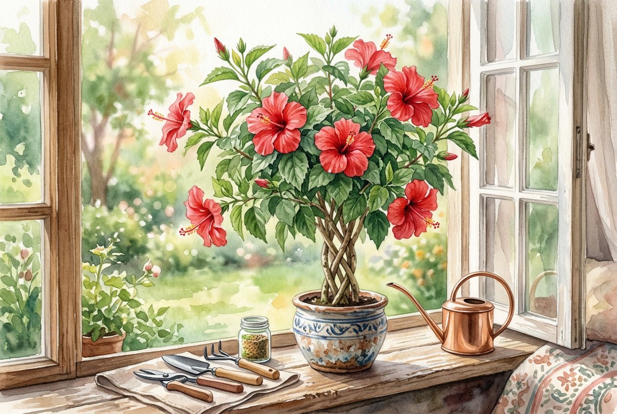 A braided hibiscus plant with red flowers and green leaves on a sunlit windowsill with gardening tools nearby.