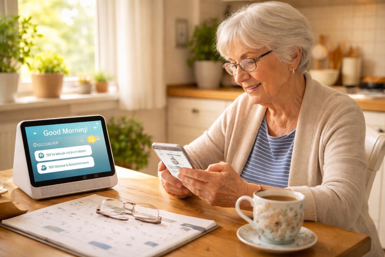 An elderly person sitting at a kitchen table setting up a daily check-in on a tablet with an AI assistant device nearby.