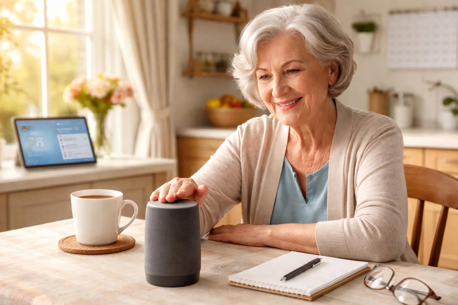 An elderly woman sitting at a kitchen table, smiling while using a smart speaker for daily check-ins, with sunlight coming through a window and a tablet showing weather and schedule information nearby.