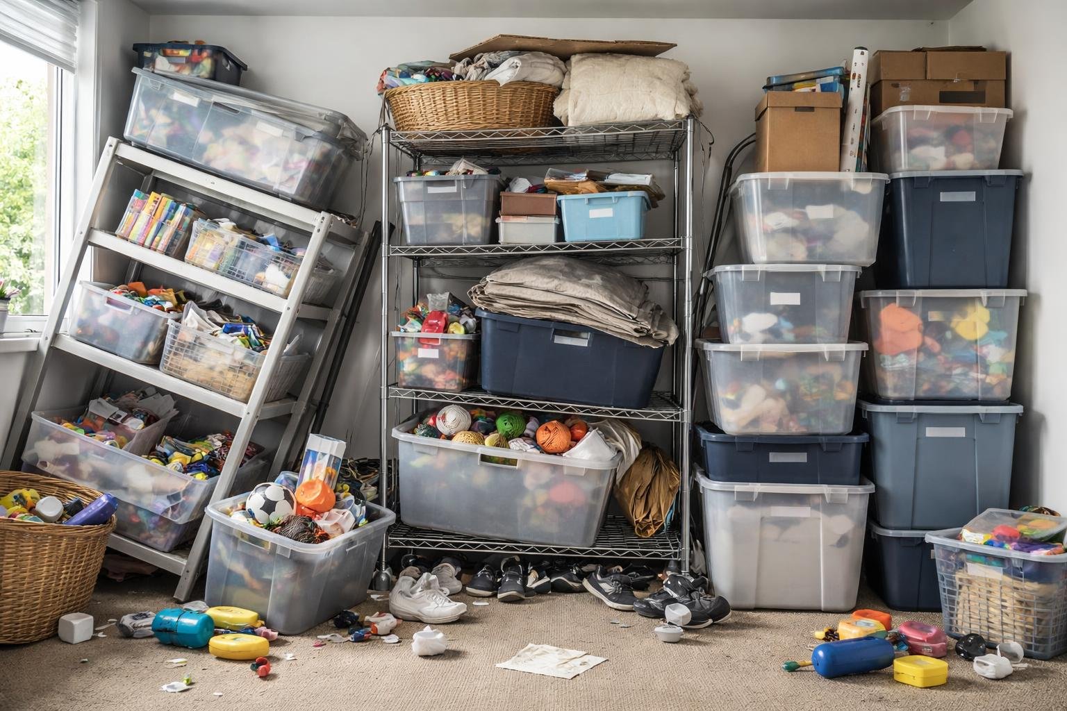 A cluttered storage area with broken shelves and overflowing containers, showing disorganized and unstable storage solutions.