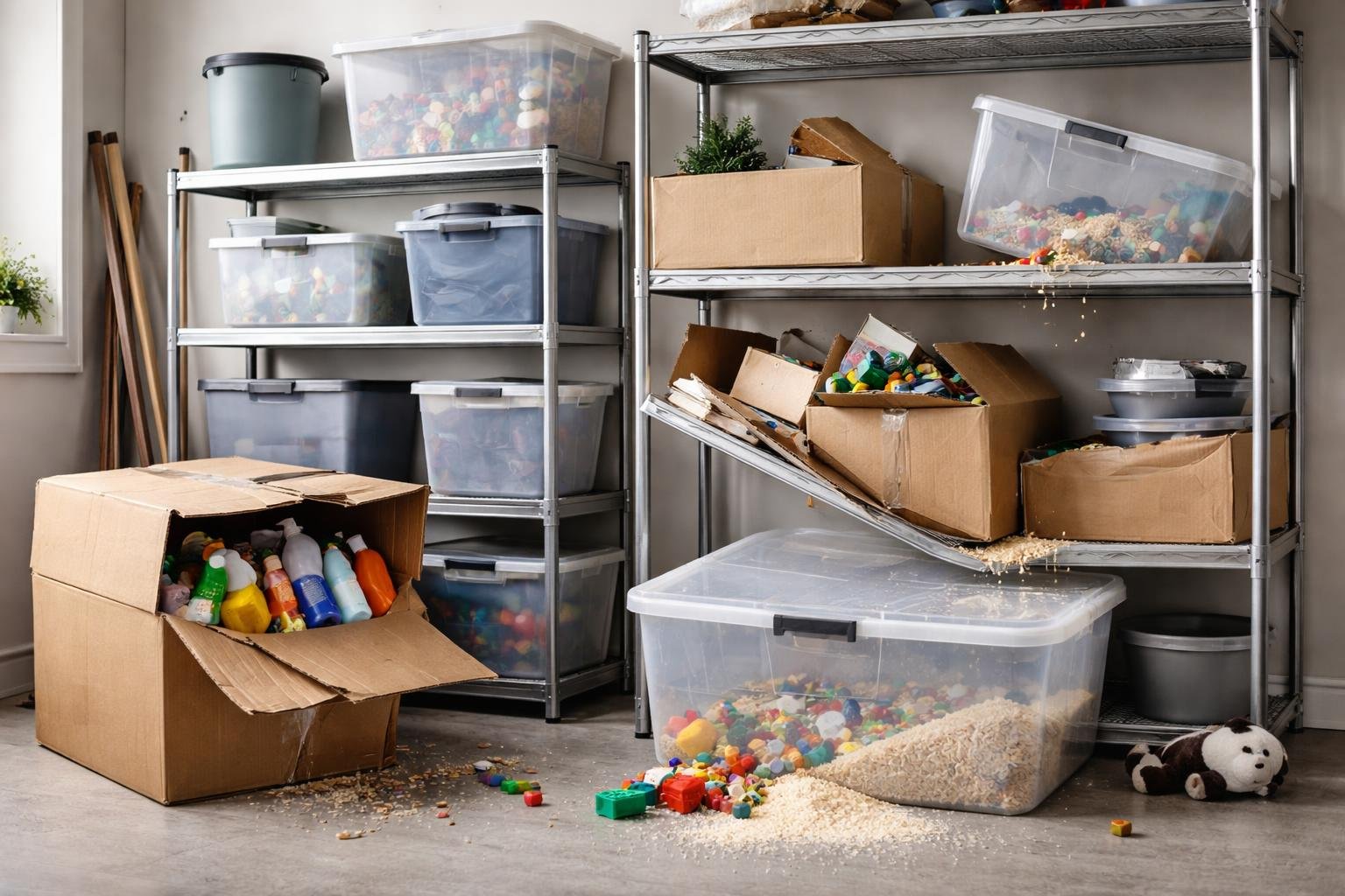 A storage room with plastic bins, cardboard boxes, and shelves showing visible damage like cracks, sagging, and torn areas.
