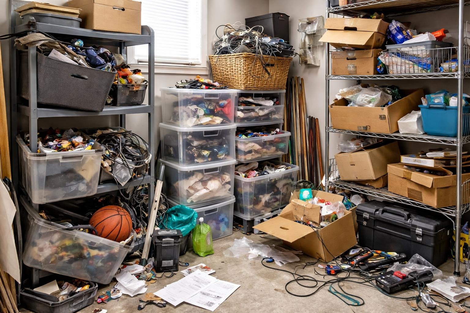A cluttered storage space with broken and overflowing containers causing disorganization and mess.