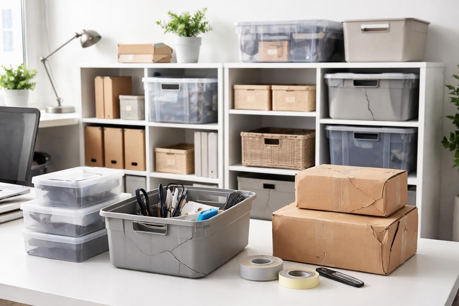 A workspace with different storage products on a desk, some showing signs of wear or damage.