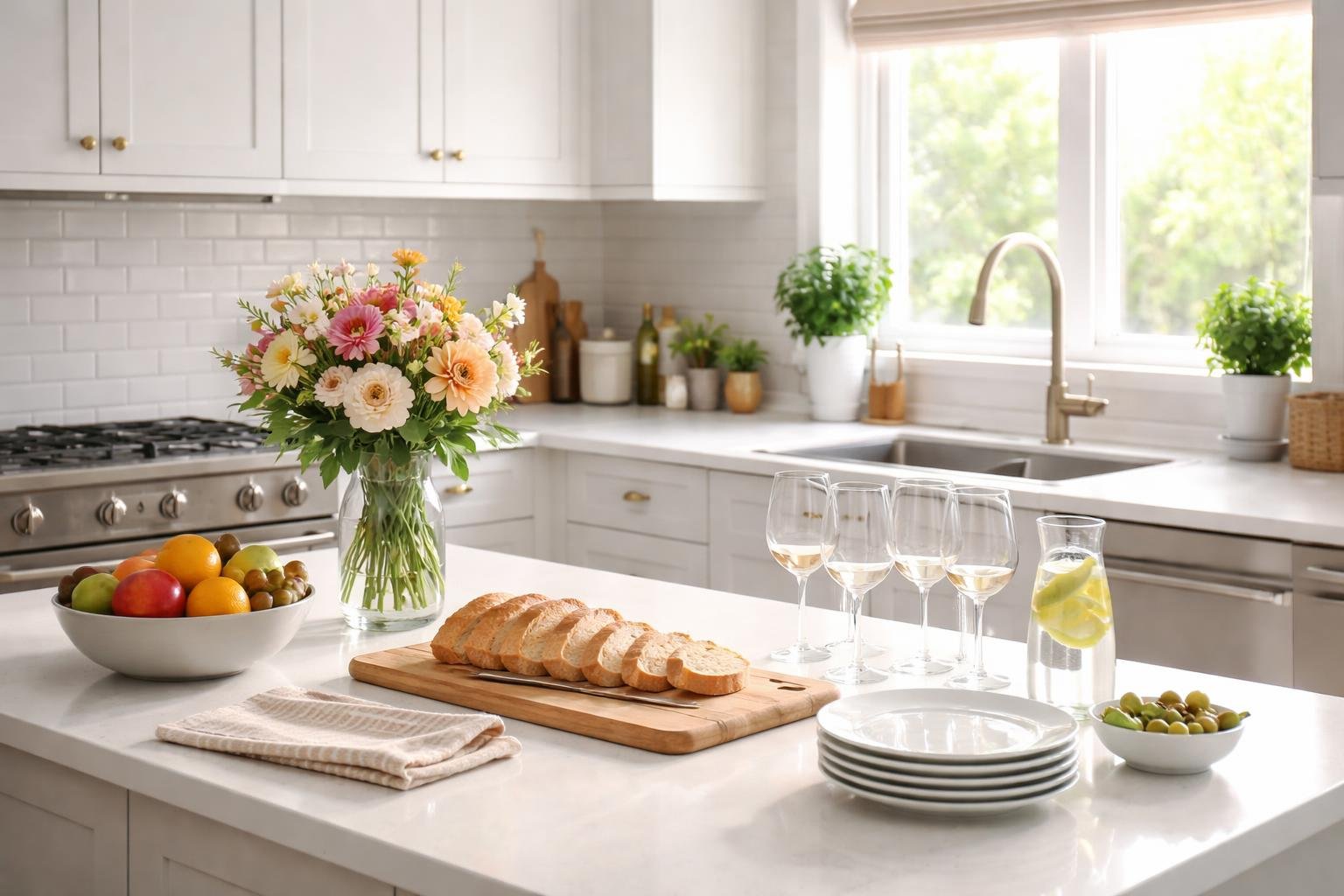 A clean and organized kitchen countertop set with fresh flowers, plates, glasses, fruit bowl, and sliced bread, bathed in natural sunlight.