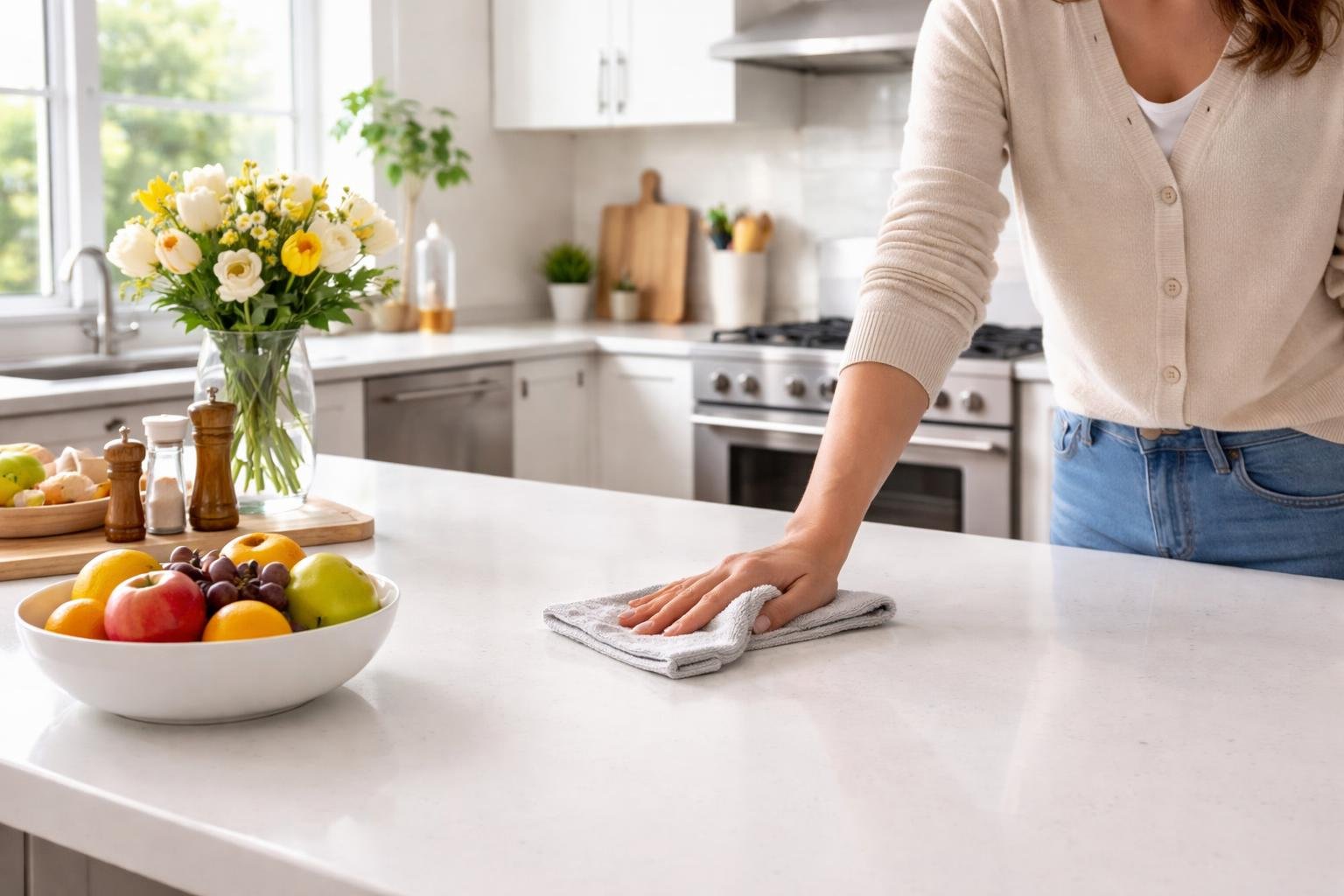 A person quickly cleaning a bright and tidy kitchen with fresh flowers and fruit on the counter.