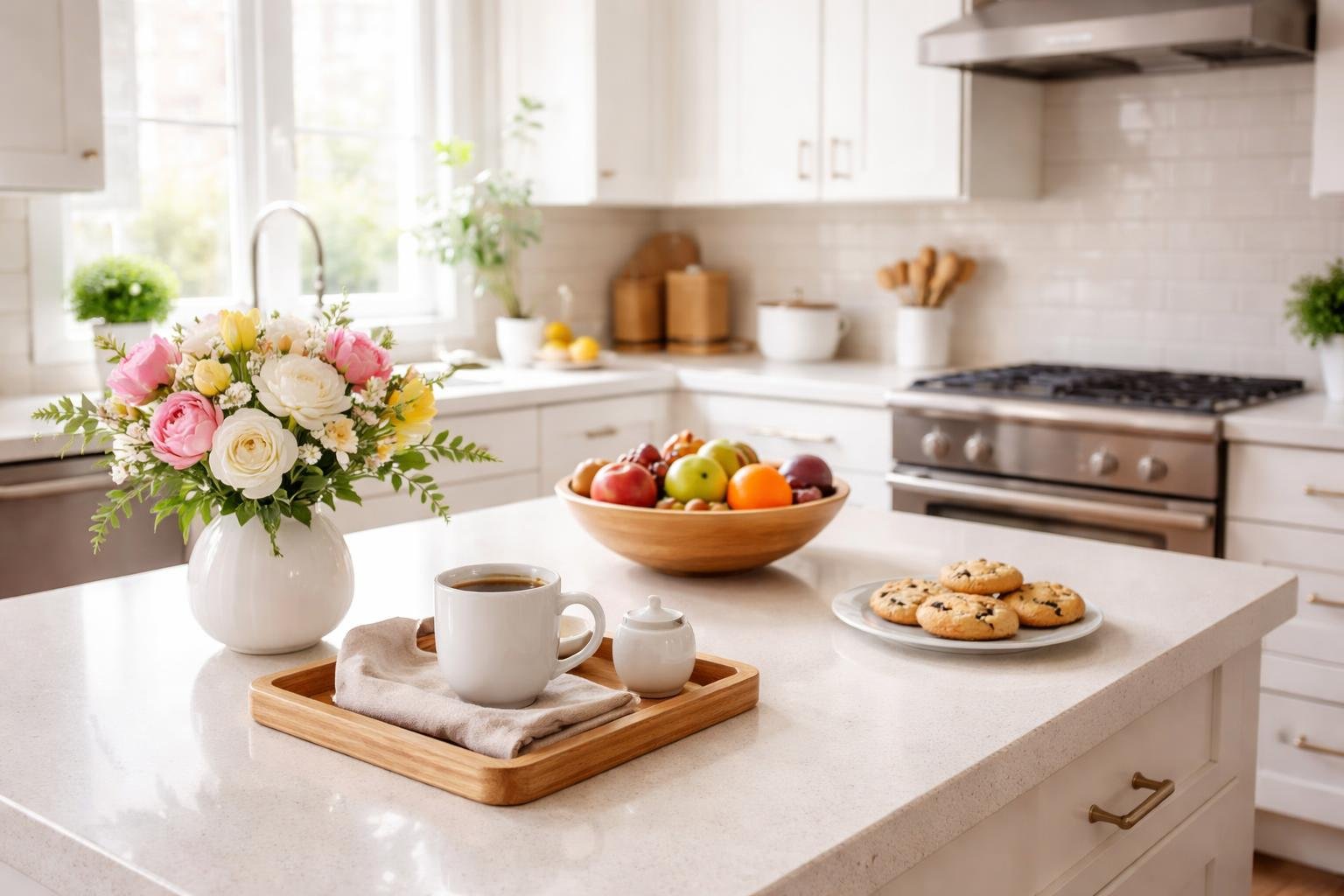 A clean and bright kitchen with fresh flowers, fruit bowl, coffee cup, and cookies on the counter, ready for guests.