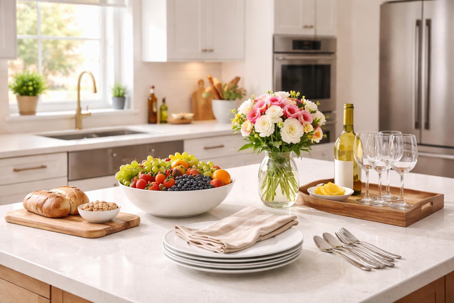 A clean and organized kitchen countertop with fresh fruits, flowers, and glassware ready for guests.