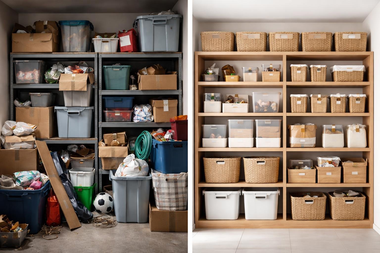 Side-by-side view of a cluttered storage area with messy boxes and a neat, organized storage space with labeled baskets on shelves.