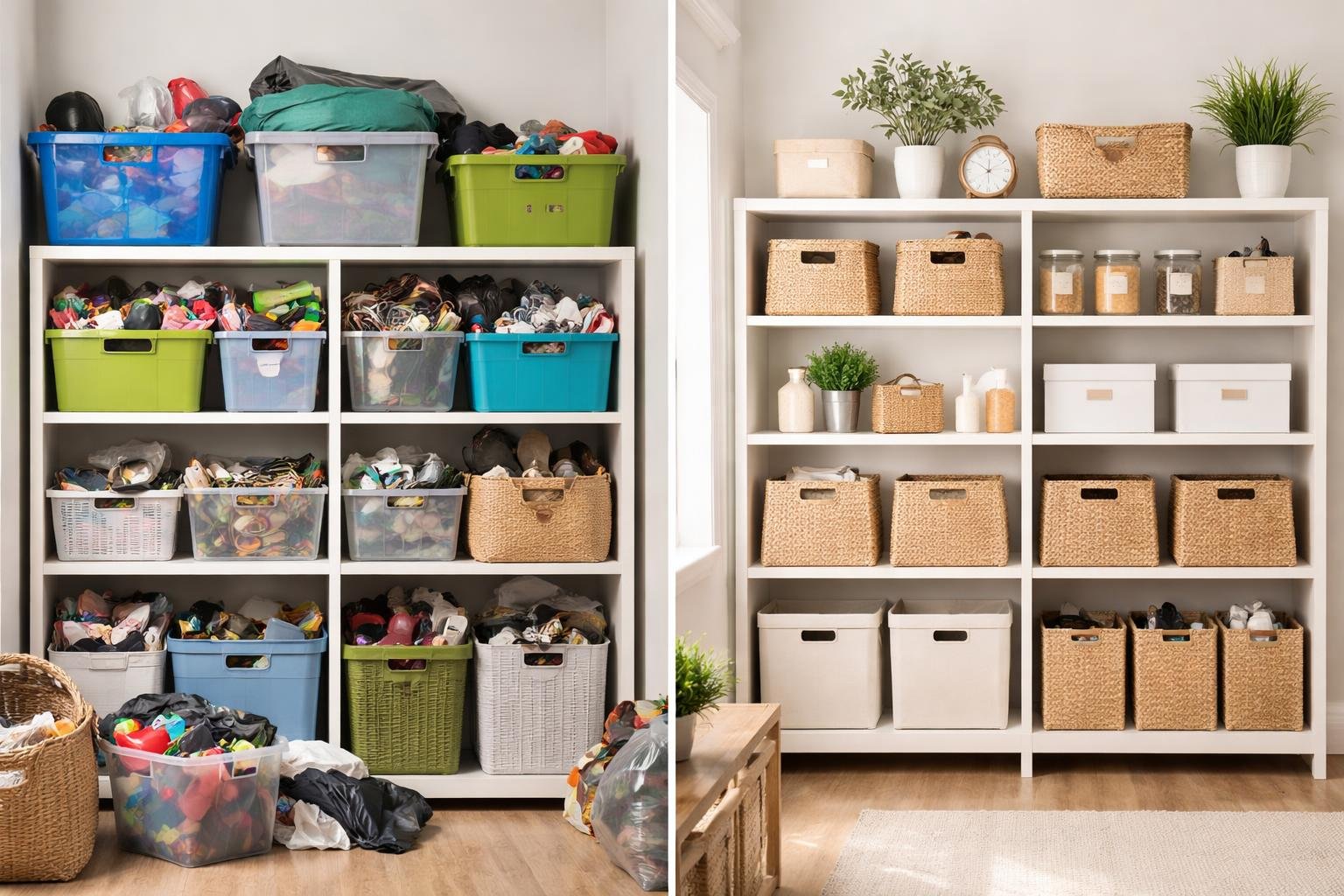 A room showing cluttered shelves with cheap storage containers on one side and neatly organized shelves with stylish storage solutions on the other.