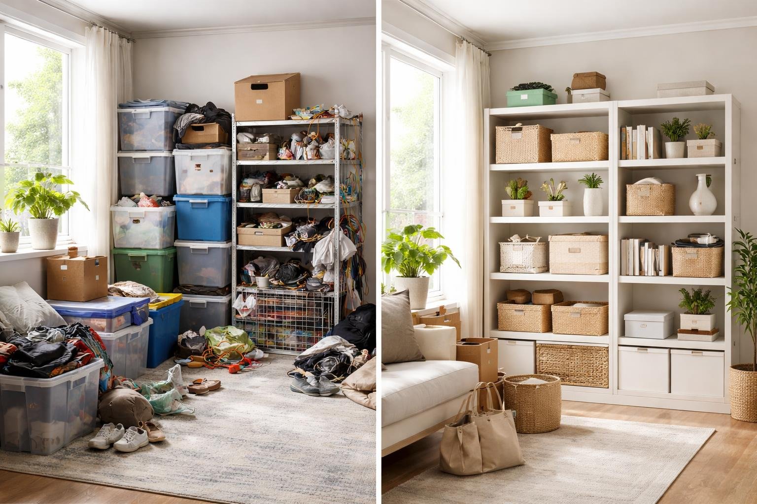 A living room showing a cluttered storage area with plastic bins and boxes on one side and a neatly organized shelving unit with baskets and decorative boxes on the other side.