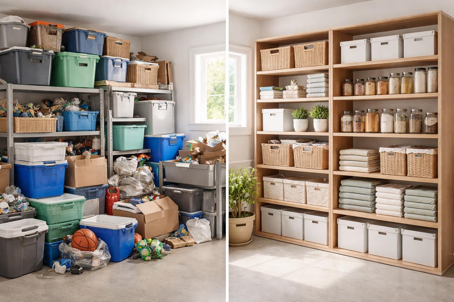 A storage room showing a messy side with cheap bins and a neat side with organized shelves and boxes.