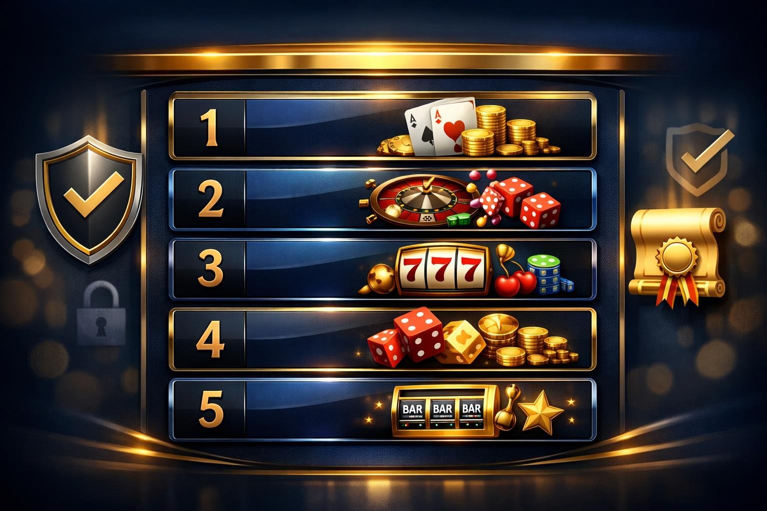 A Digital Leaderboard Showing Top Five Casino Icons With Symbols Of Playing Cards, Roulette, Dice, And Slot Machines, Alongside Security Badges And Checkmarks.
