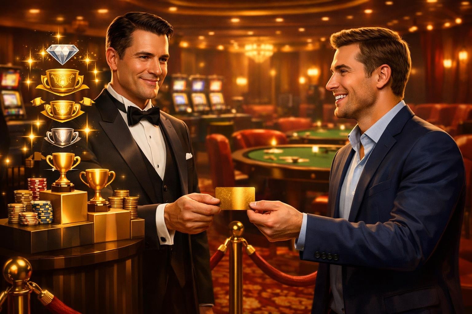 A Casino Host Giving A Golden Membership Card To A Smiling Player In A Luxurious Casino Setting With Glowing Stars And Tiered Badges Around Them.
