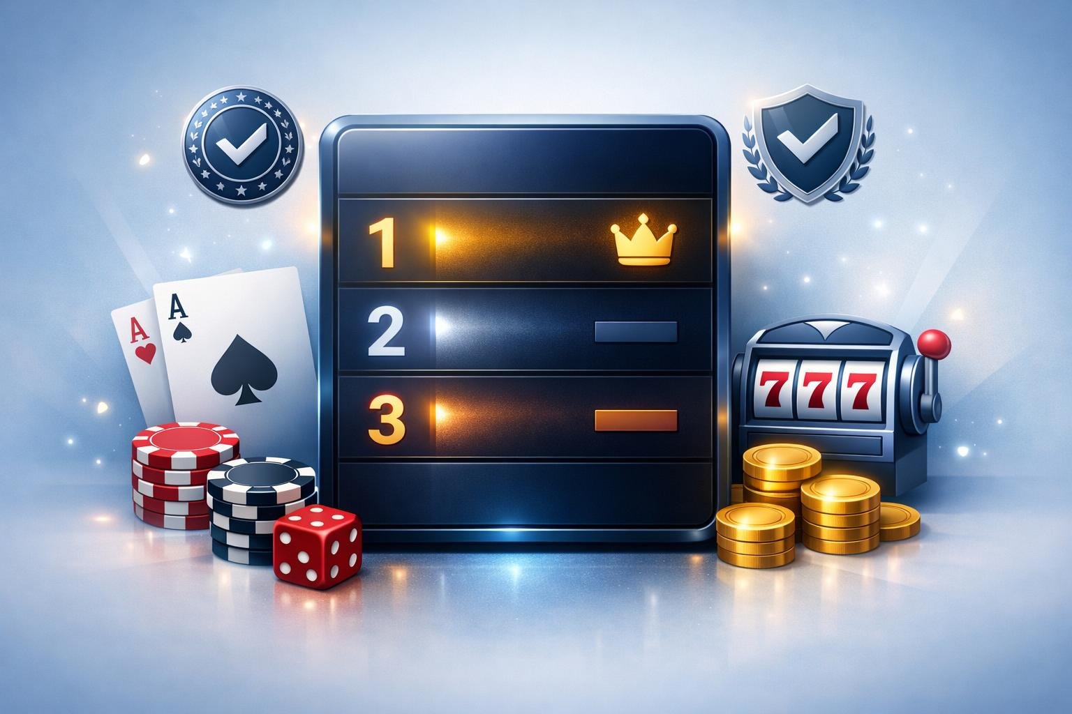 A Digital Leaderboard Displaying A Ranked List Surrounded By CasinoRelated Symbols Like Playing Cards, Poker Chips, And Dice, With Official Badges Indicating Licensing And Regulation.
