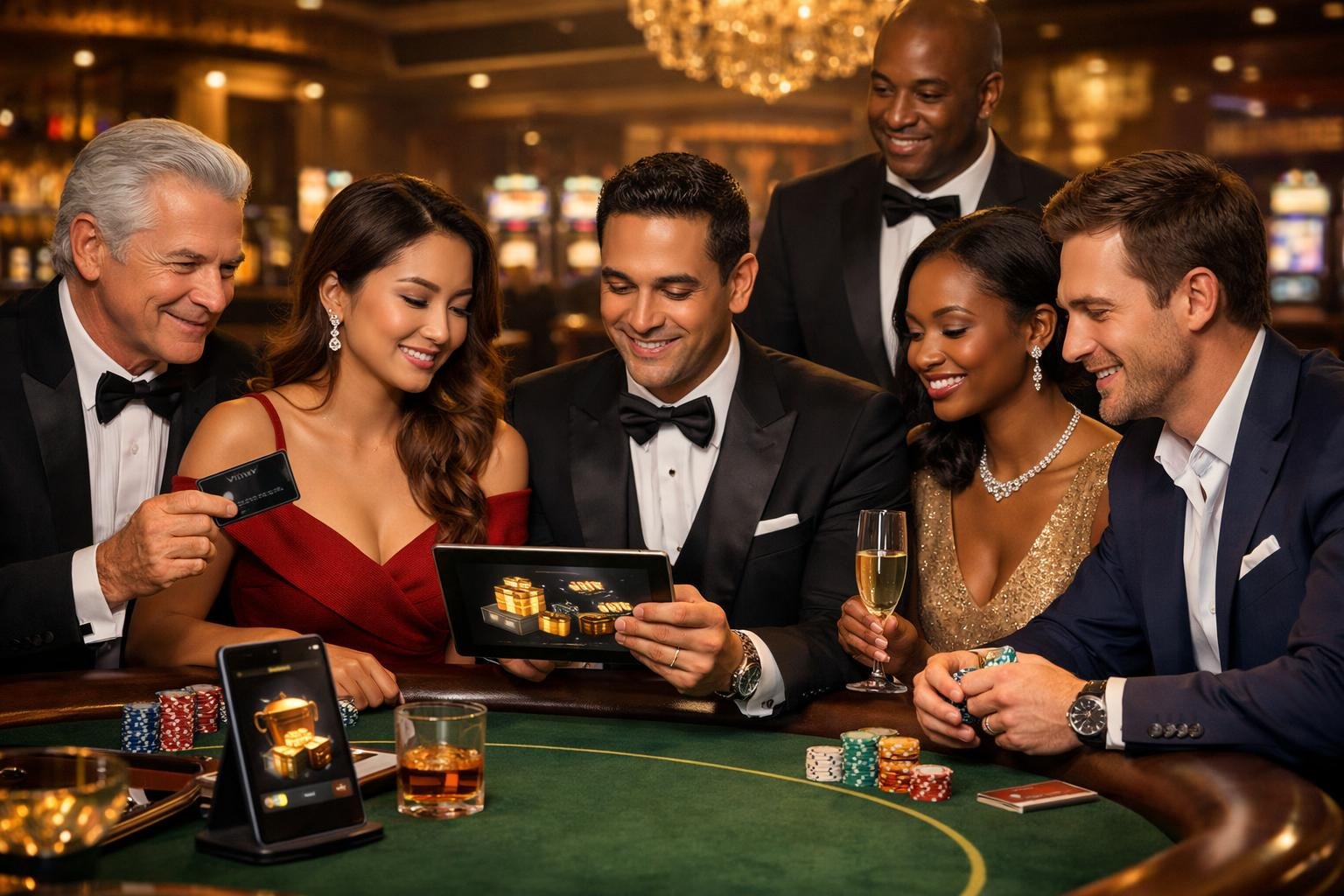 A Group Of Diverse Casino Players Enjoying Exclusive Vip And Loyalty Program Benefits At A Luxurious Casino Table.