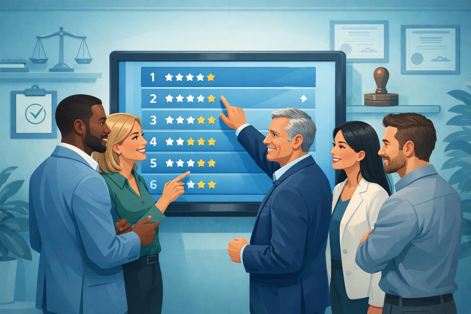 A Group Of Diverse Adults Discussing A Ranked List On A Large Touchscreen In A Modern Office With Symbols Of Certification And Trust In The Background.